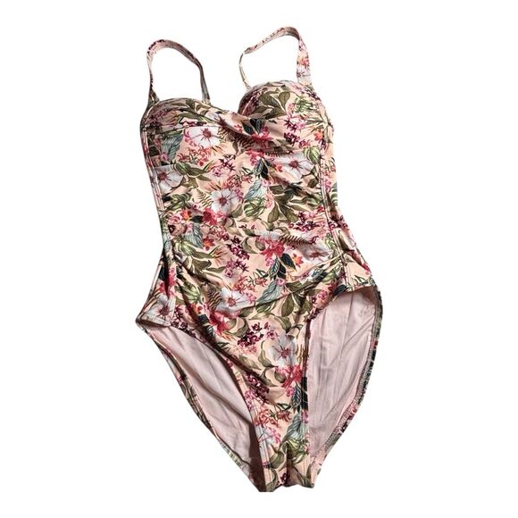 Nip Tuck One Piece Swimsuit Pink With Floral Pattern Ruched Sides - Picture 1 of 7